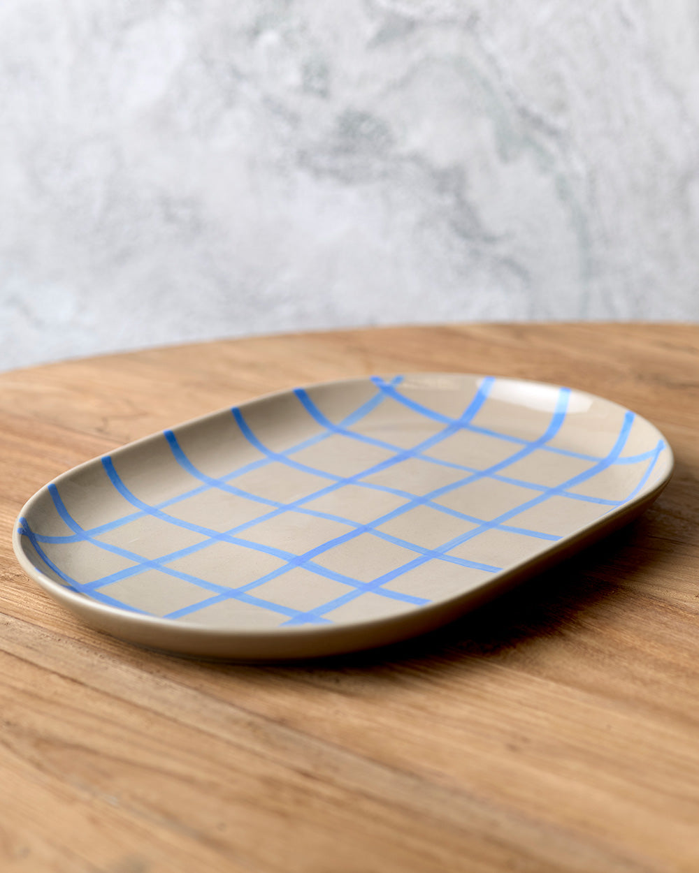 Coastal Junction 38cm Oval Tray / Stone with Blue Handbrush