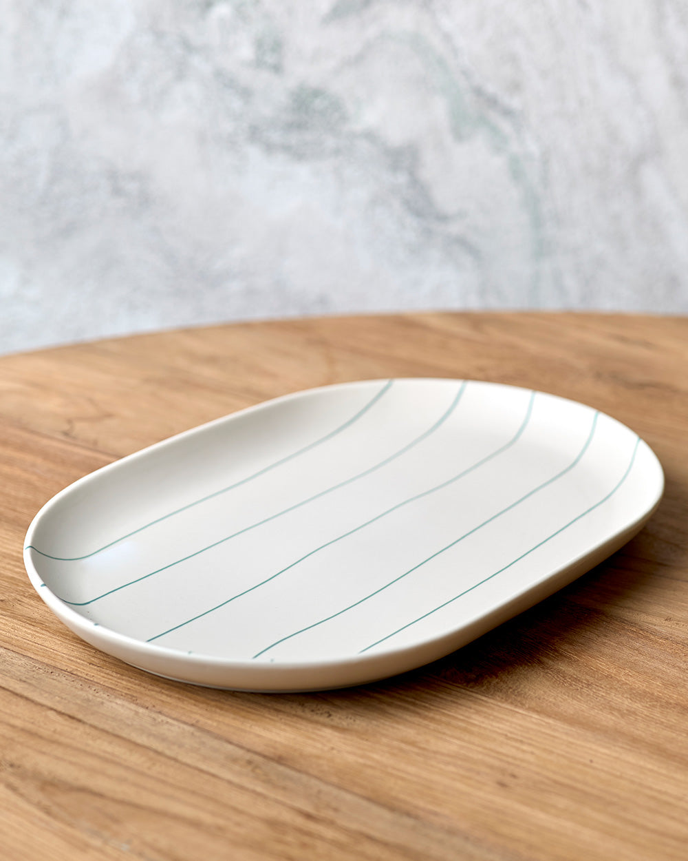 Coastal Junction 38cm Oval Tray / Cream with Green Stripe