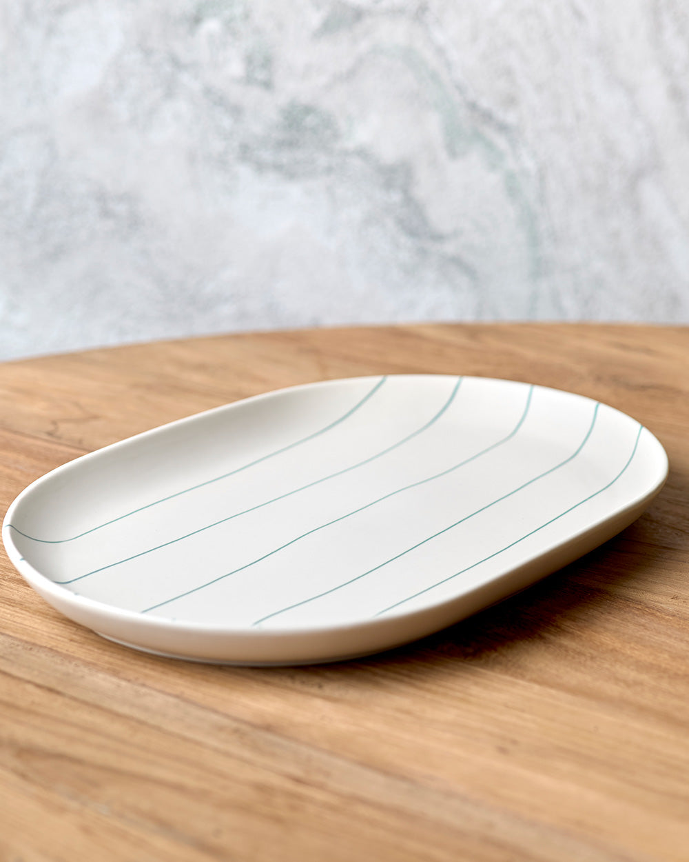 Coastal Junction 38cm Oval Tray / Cream with Green Stripe